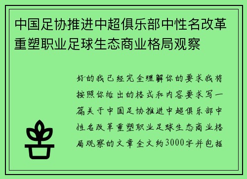 中国足协推进中超俱乐部中性名改革重塑职业足球生态商业格局观察