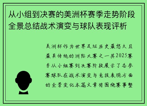 从小组到决赛的美洲杯赛季走势阶段全景总结战术演变与球队表现评析